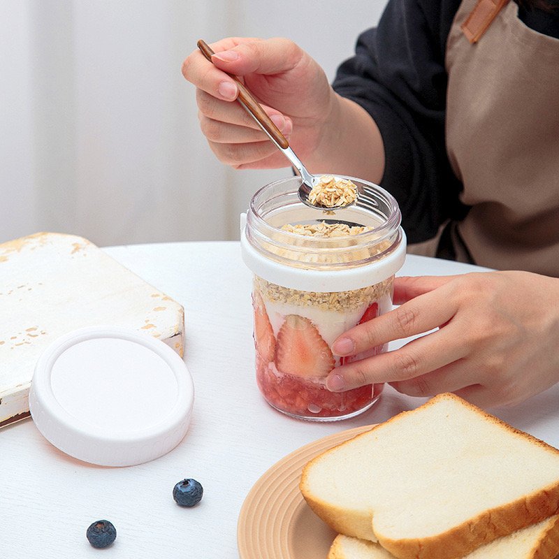 Best Sell High Quality Customized 350ml Oats Container Jar With Various Colored Silicone Lids Cover with Stainless Spoon