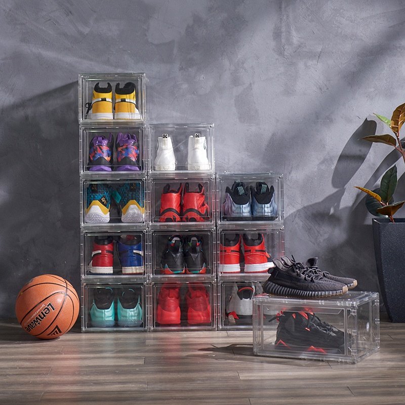 Wholesale Transparent Plastic Sneaker Stackable Shoe Storage Boxes Drop Front Acrylic Drawer Type Magnetic Clear Shoe Box