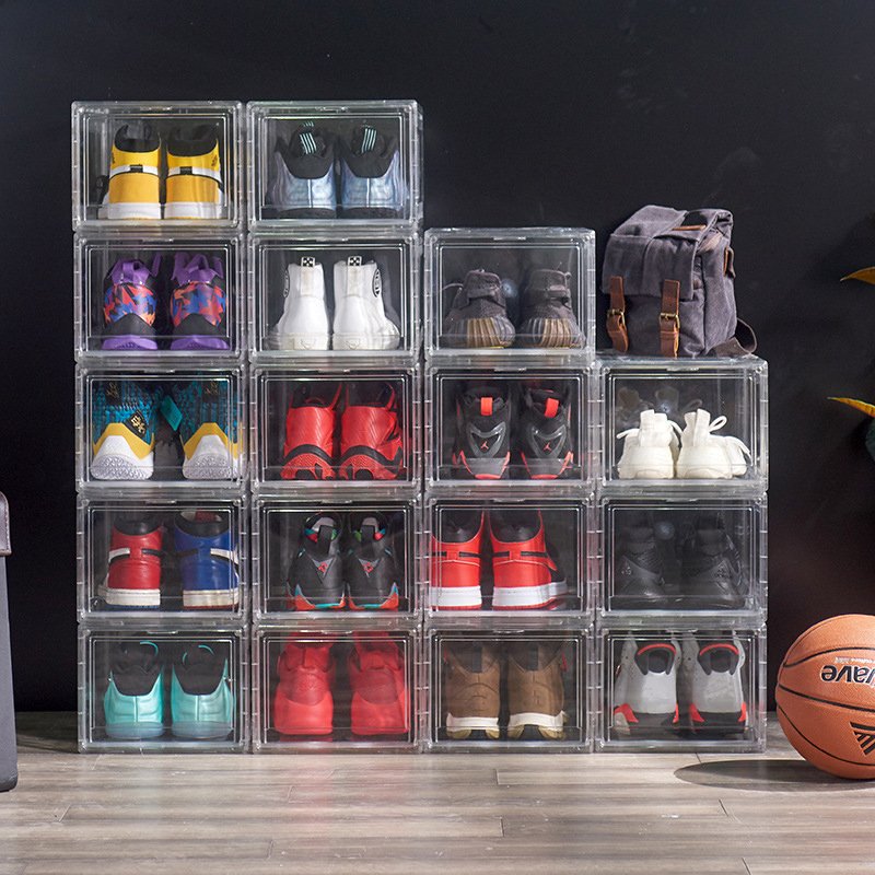 Wholesale Transparent Plastic Sneaker Stackable Shoe Storage Boxes Drop Front Acrylic Drawer Type Magnetic Clear Shoe Box