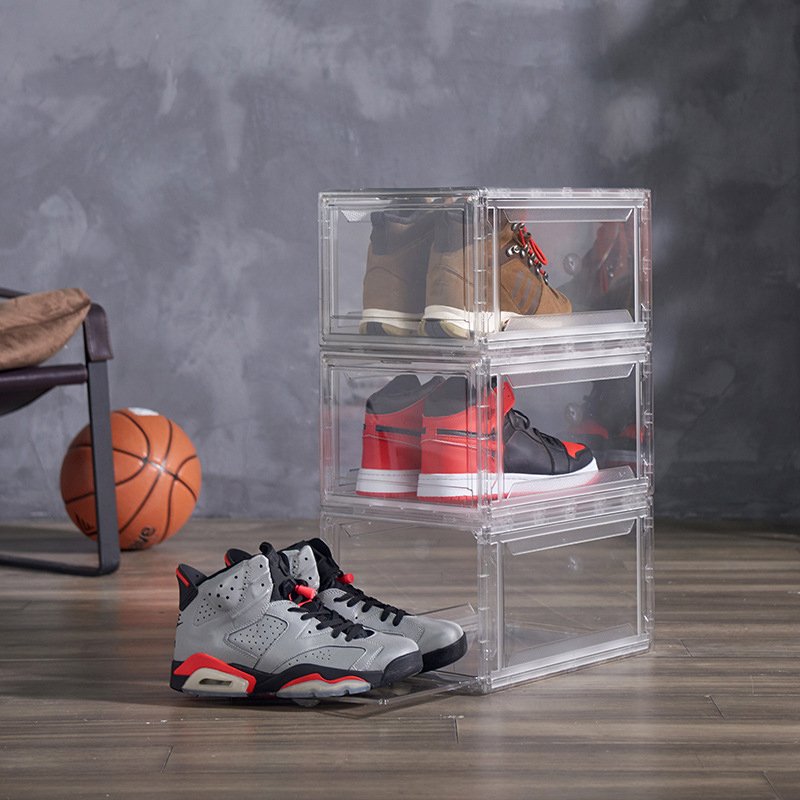 Wholesale Transparent Plastic Sneaker Stackable Shoe Storage Boxes Drop Front Acrylic Drawer Type Magnetic Clear Shoe Box