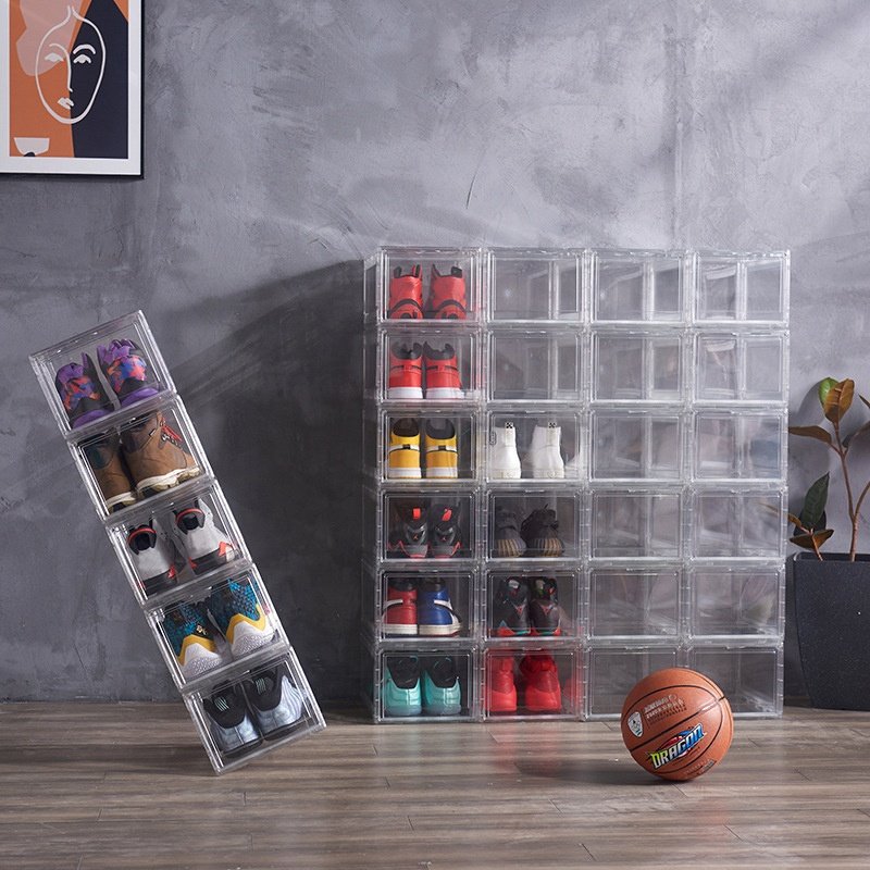 Wholesale Transparent Plastic Sneaker Stackable Shoe Storage Boxes Drop Front Acrylic Drawer Type Magnetic Clear Shoe Box