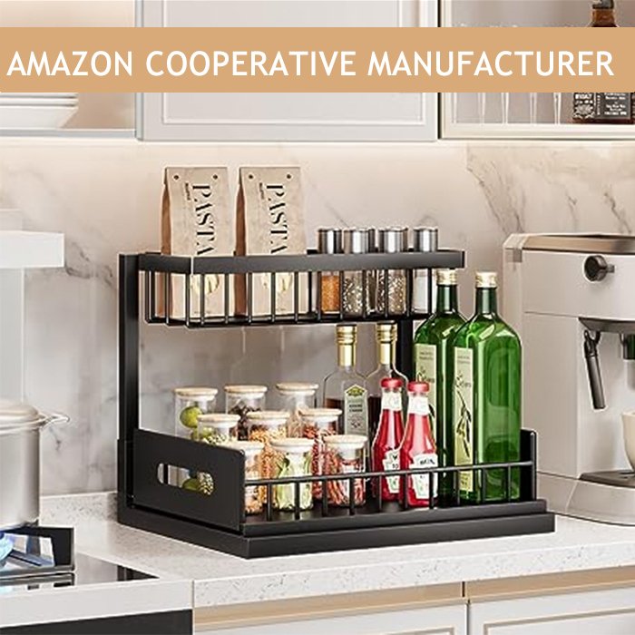 Amazo* 2-Tier Metal Pull-Out Shelf Hot Sale Wall-Mounted Kitchen/Bathroom Under-Sink Organizer OEM/ODM Coats Design Storage Box