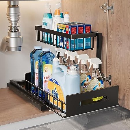 Amazo* 2-Tier Metal Pull-Out Shelf Hot Sale Wall-Mounted Kitchen/Bathroom Under-Sink Organizer OEM/ODM Coats Design Storage Box