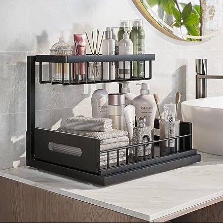 Amazo* 2-Tier Metal Pull-Out Shelf Hot Sale Wall-Mounted Kitchen/Bathroom Under-Sink Organizer OEM/ODM Coats Design Storage Box