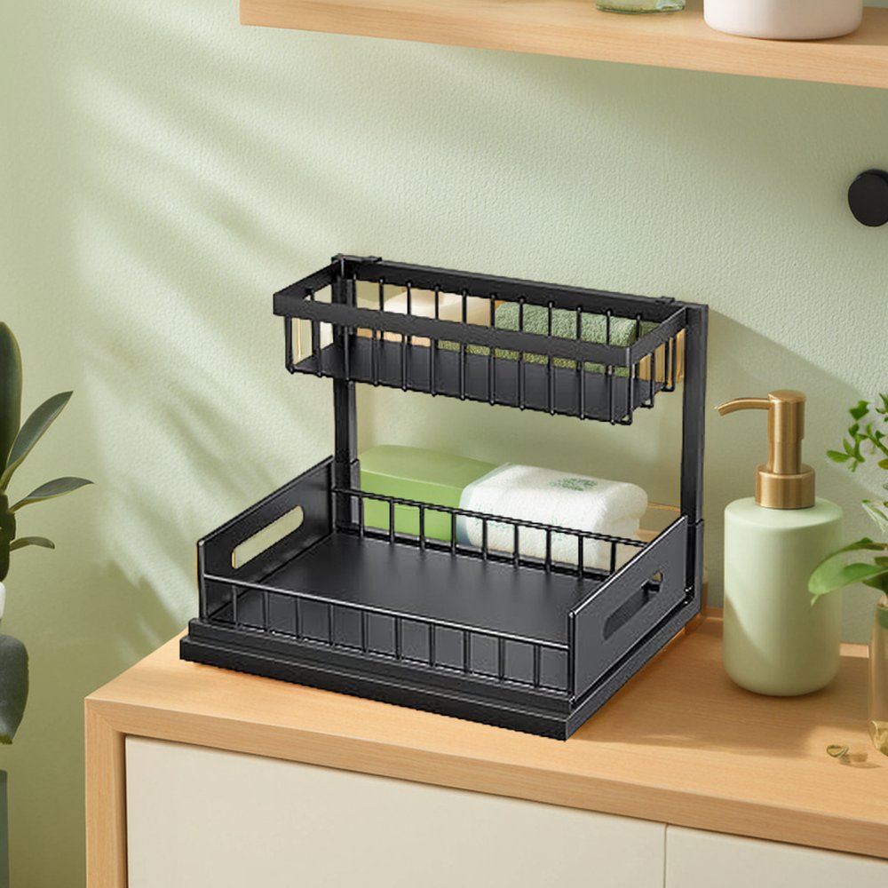 Amazo* 2-Tier Metal Pull-Out Shelf Hot Sale Wall-Mounted Kitchen/Bathroom Under-Sink Organizer OEM/ODM Coats Design Storage Box