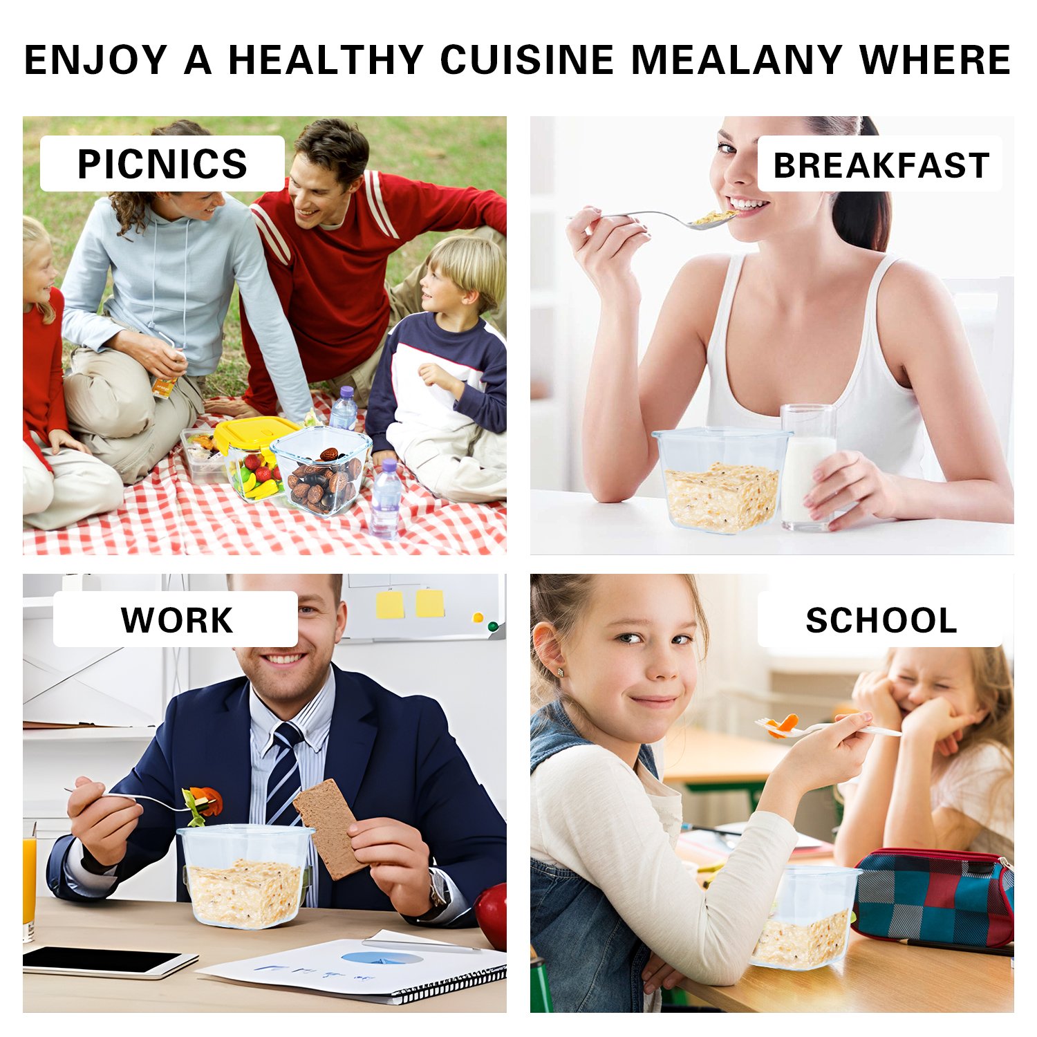 Kitchen Fresh Food Bento Microwave Safe Airtight square Lunch Box Glass Clear Food Storage Container with Plastic Lids