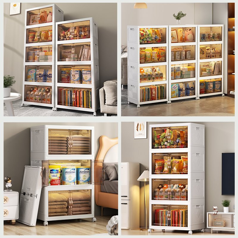 Household Light Luxury Folding Food Storage Cabinet Living Room Clear Plastic Folding Organizer Cabinet Storage Box