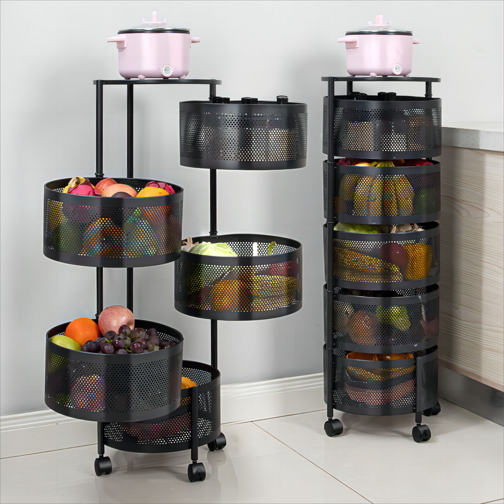 Movable Circle Basket with Wheels Kitchen Livingroom Vegetables & Fruits Container Rotatable Food Storage Shelf