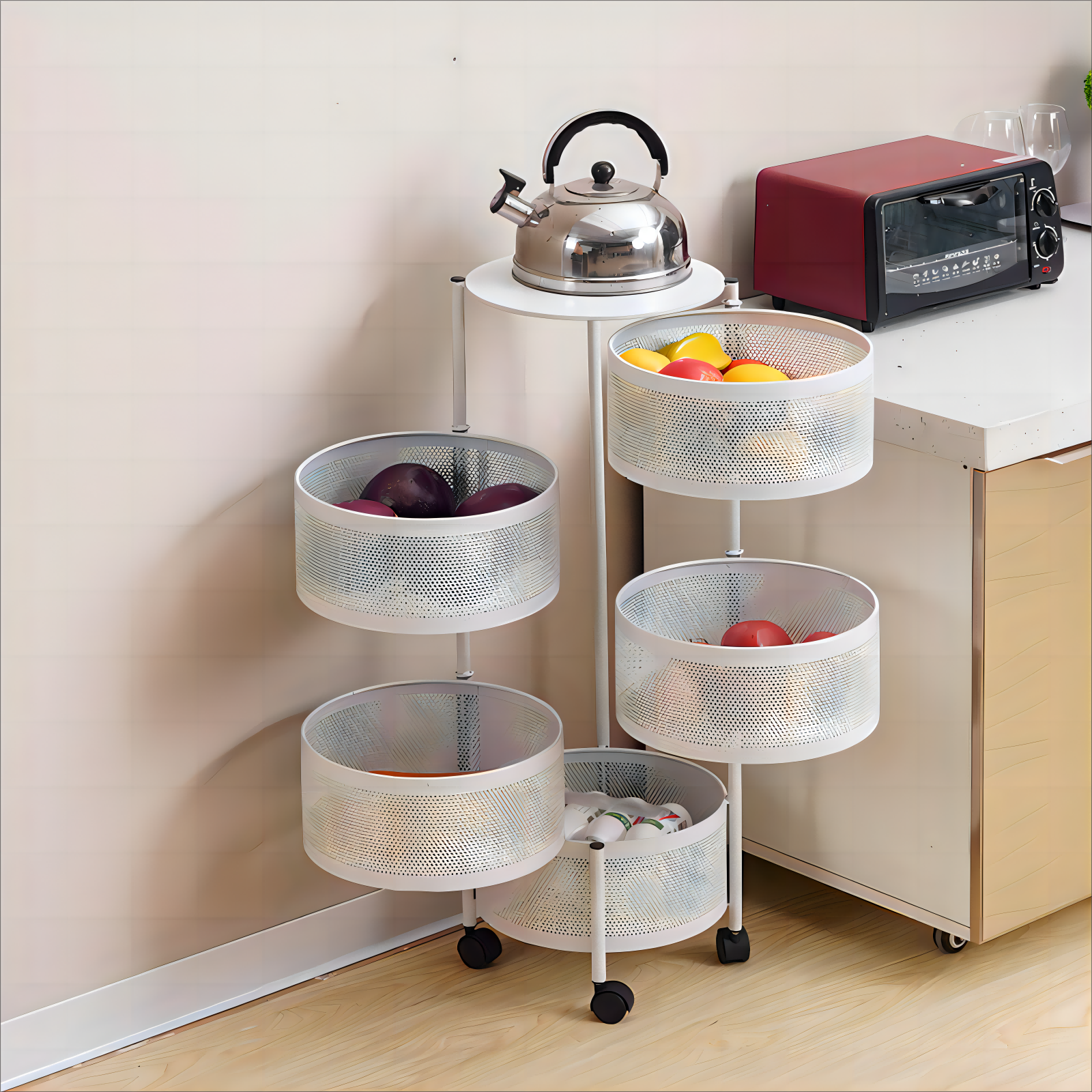 Movable Circle Basket with Wheels Kitchen Livingroom Vegetables & Fruits Container Rotatable Food Storage Shelf