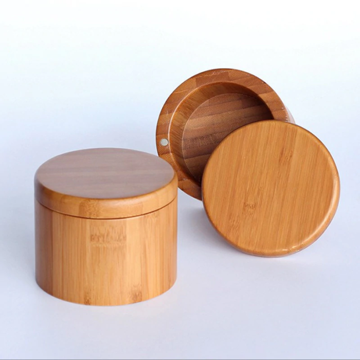 Round Bamboo Salt Box WithLaser Engraving Logo Magnetic Lid Spice Container Good For Durable Storage Organization