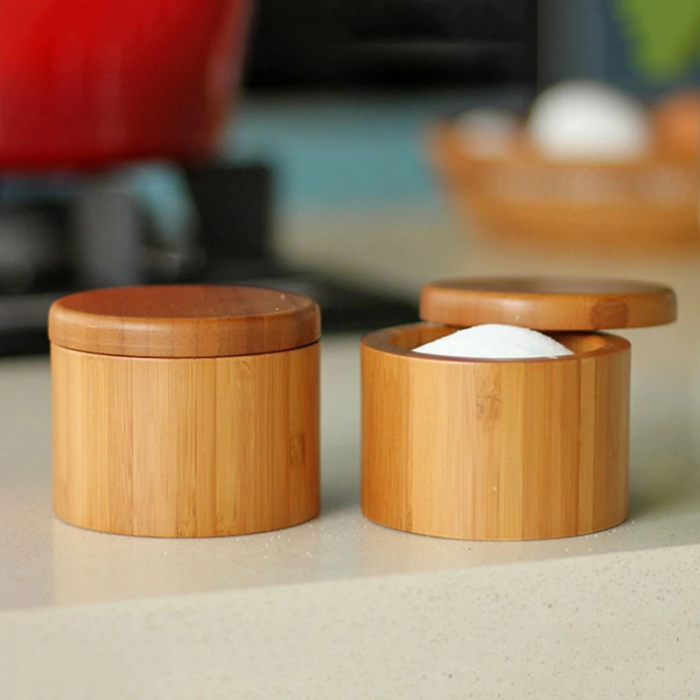 Round Bamboo Salt Box WithLaser Engraving Logo Magnetic Lid Spice Container Good For Durable Storage Organization