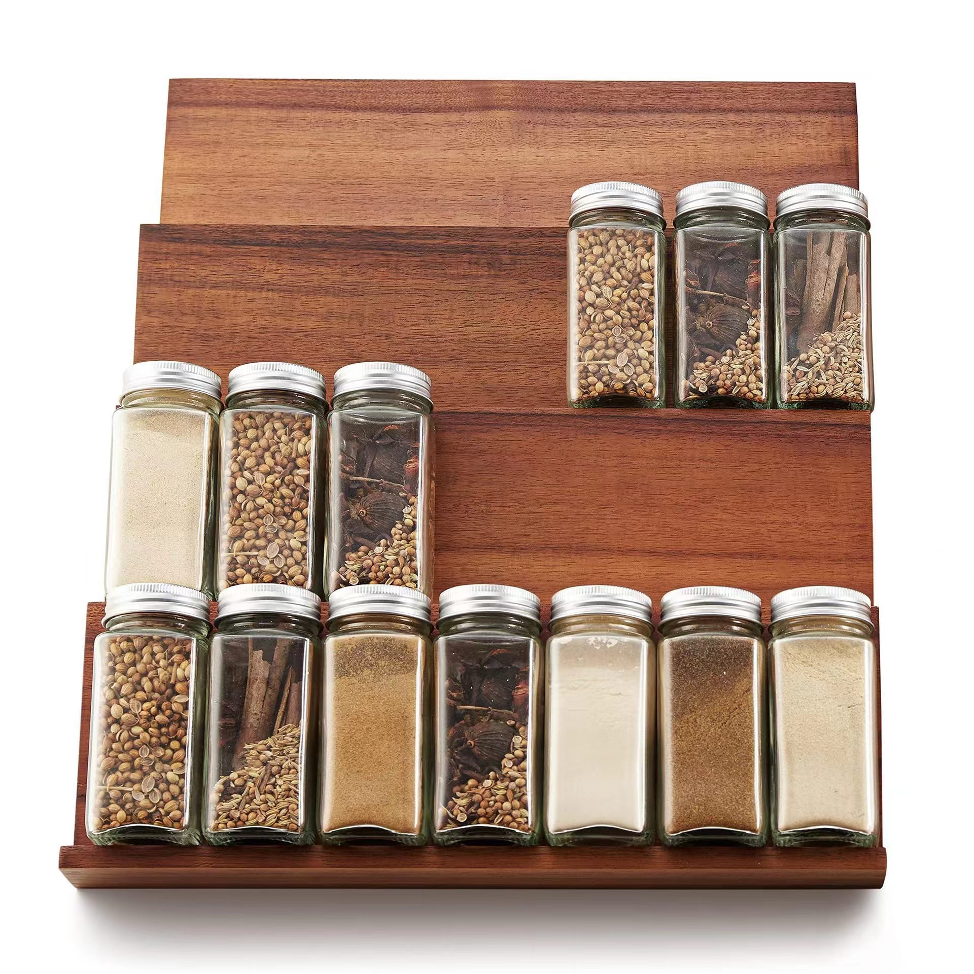 Bamboo Wooden Adjustable Storage Spice Rack Organizer Holder Display OEM 3 Tiers Bamboo Kitchen Accessories White Box Natural