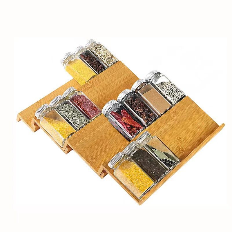 Bamboo Wooden Adjustable Storage Spice Rack Organizer Holder Display OEM 3 Tiers Bamboo Kitchen Accessories White Box Natural
