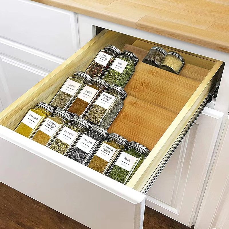 Bamboo Wooden Adjustable Storage Spice Rack Organizer Holder Display OEM 3 Tiers Bamboo Kitchen Accessories White Box Natural