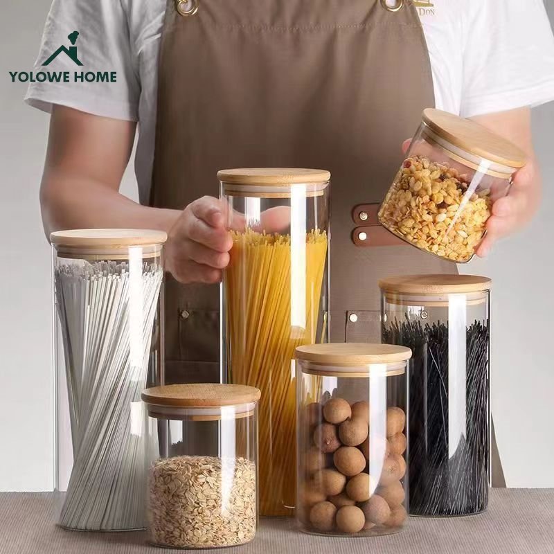 YOLOWE HOME Modern Glass Spice Jar with Bamboo Lid Home Kitchen Food Storage Container for Party Use