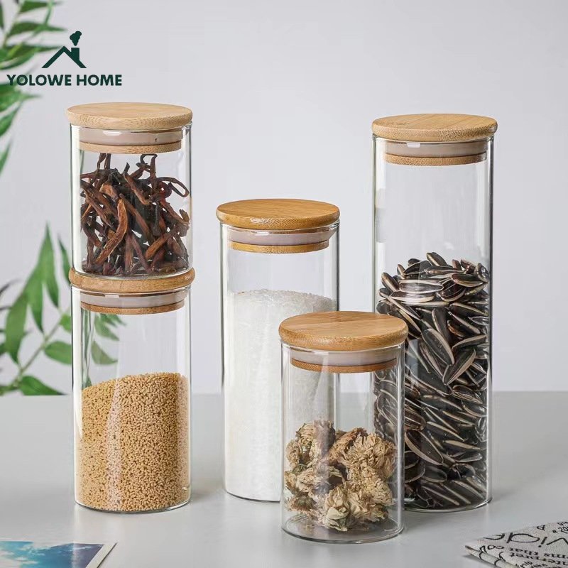 YOLOWE HOME Modern Glass Spice Jar with Bamboo Lid Home Kitchen Food Storage Container for Party Use
