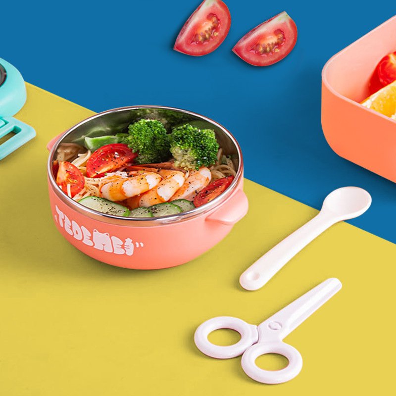 W45 Complementary Kids Food Container Microwave Stainless Steel Bento Box Cute Baby Bowl Child Portable Tableware lunch Box Set