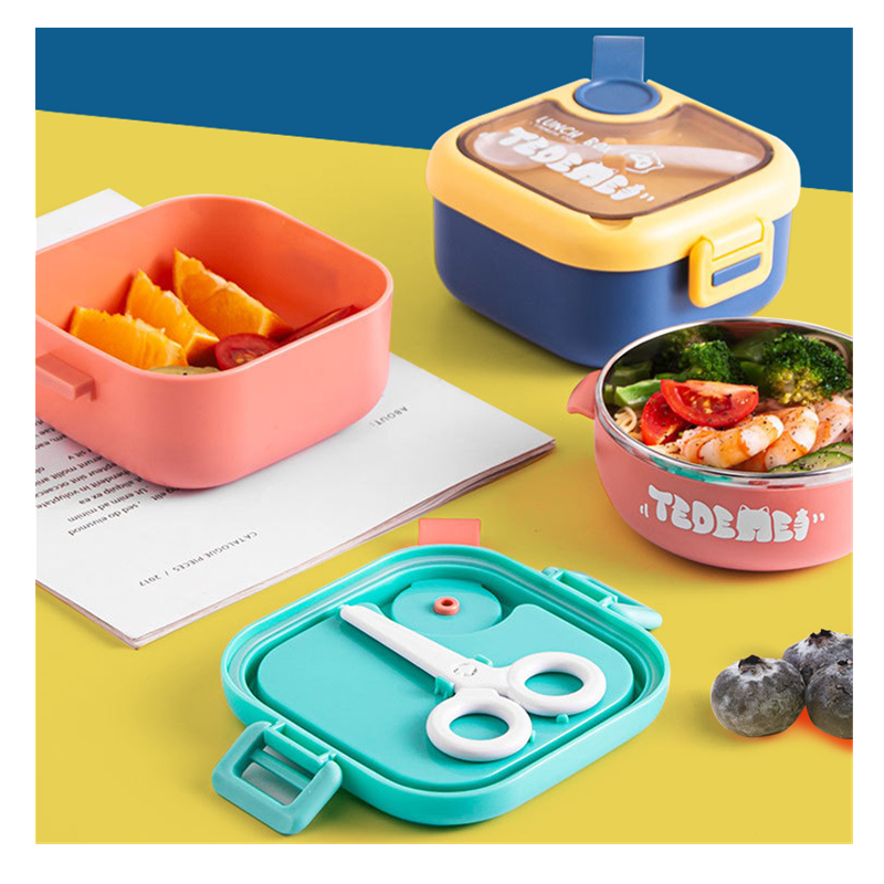 W45 Complementary Kids Food Container Microwave Stainless Steel Bento Box Cute Baby Bowl Child Portable Tableware lunch Box Set