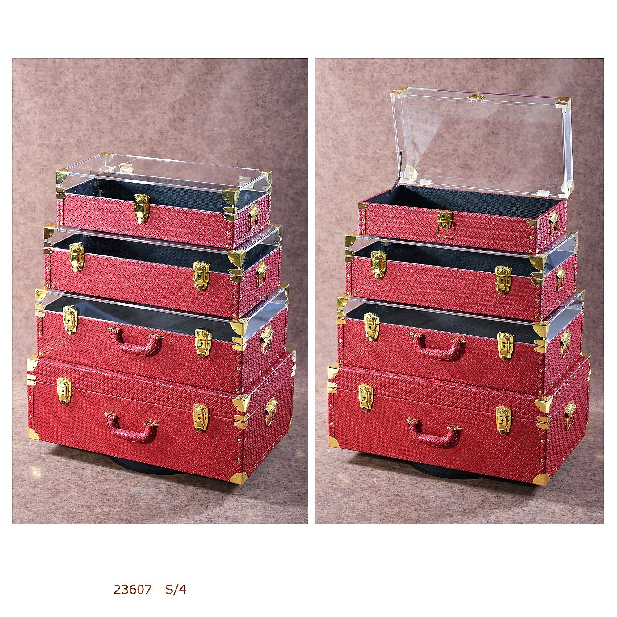 PU covered Wood Storage Chest Trunk Boxes Set of 4 or with Clear Acrylic top/lid/cover for Home Storage & Organization