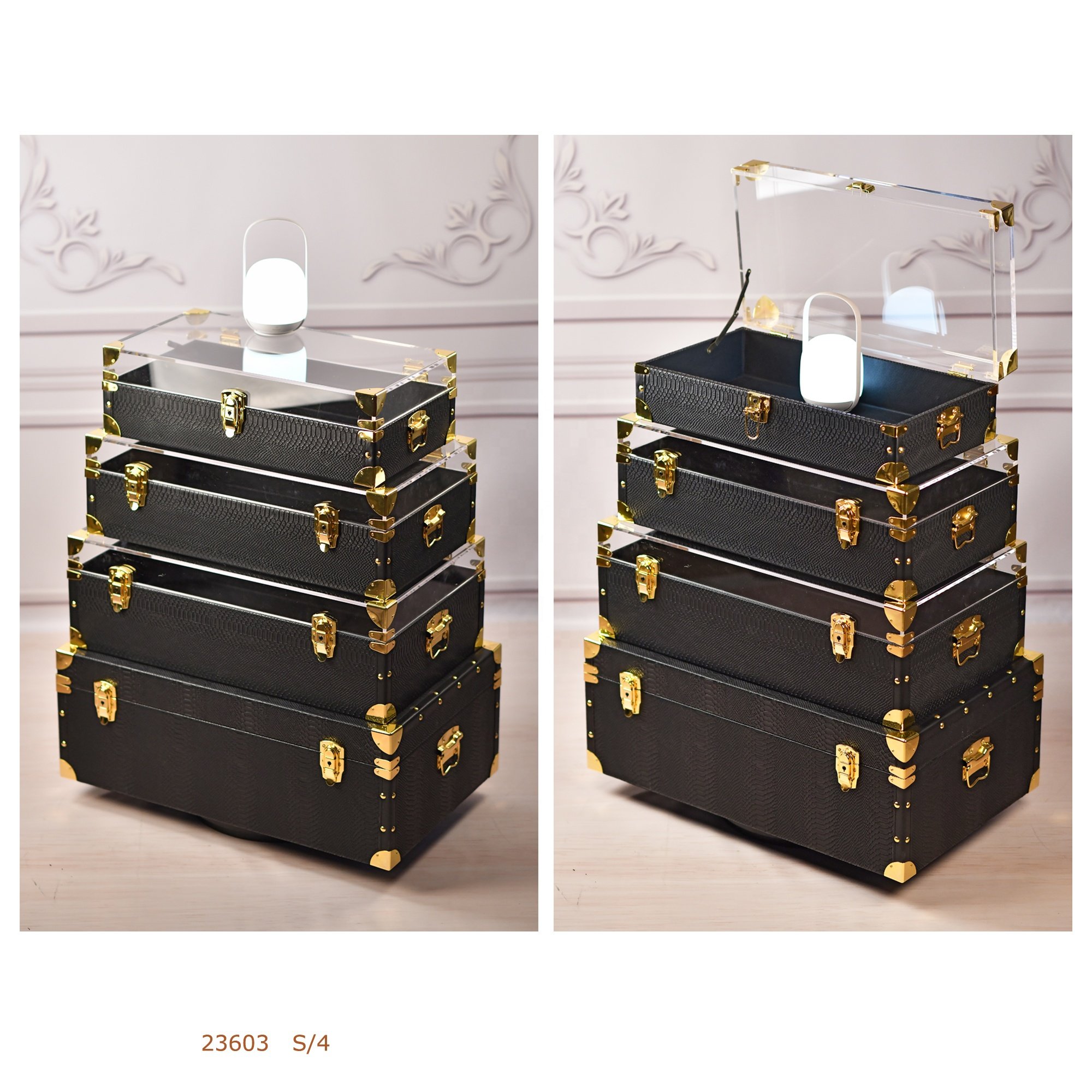 PU covered Wood Storage Chest Trunk Boxes Set of 4 or with Clear Acrylic top/lid/cover for Home Storage & Organization
