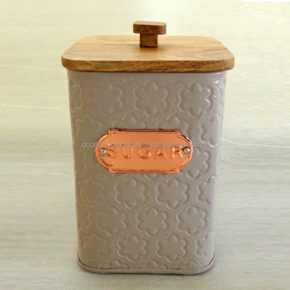 Sugar Storage Canister with Wooden Lid, Galvanized Small Kitchen storage box for Tea coffee and Sugar Box