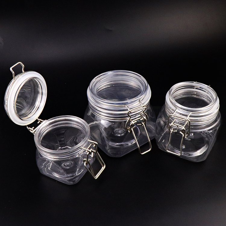 Clip Airtight Jar Transparent Food Packing Storage Metal Top Plastic Customized Empty Clear 200ml 300ml 550ml Camping Kitchen