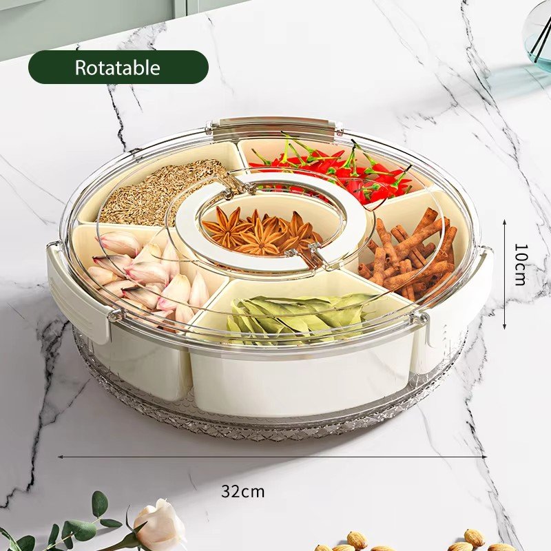 Kitchen sealed 360 Rotatable round spice storage box Food grade 6-panel clear seasoning box with handle refrigerator crisper
