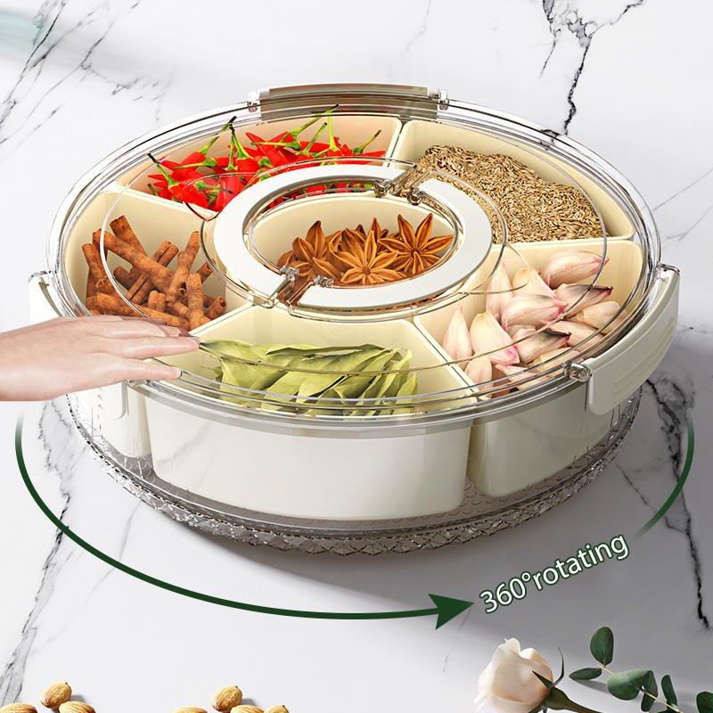 Kitchen sealed 360 Rotatable round spice storage box Food grade 6-panel clear seasoning box with handle refrigerator crisper