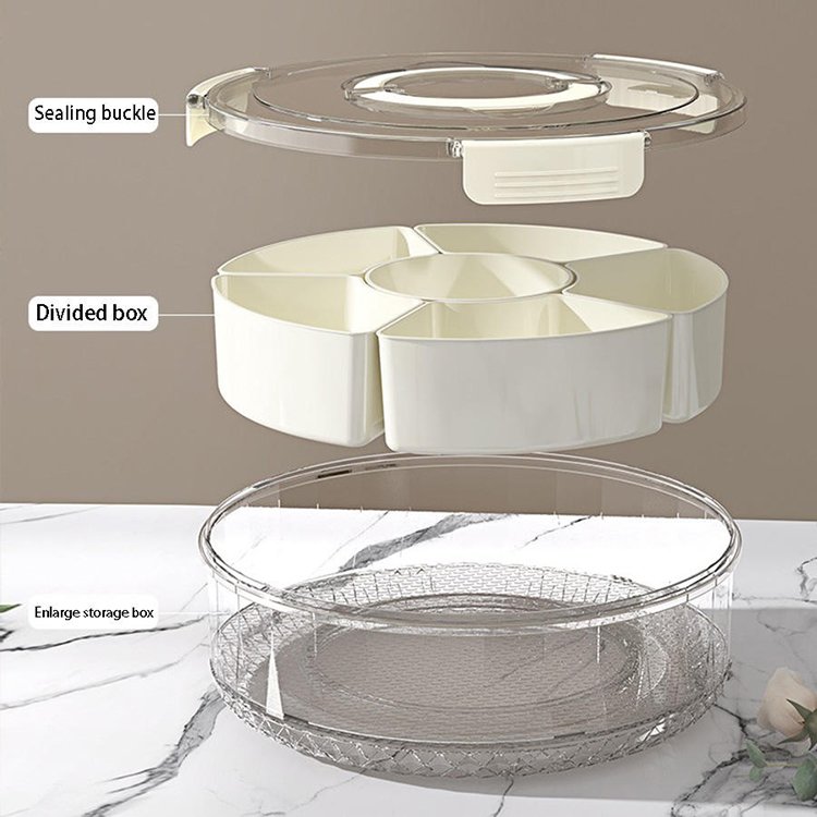 Kitchen sealed 360 Rotatable round spice storage box Food grade 6-panel clear seasoning box with handle refrigerator crisper
