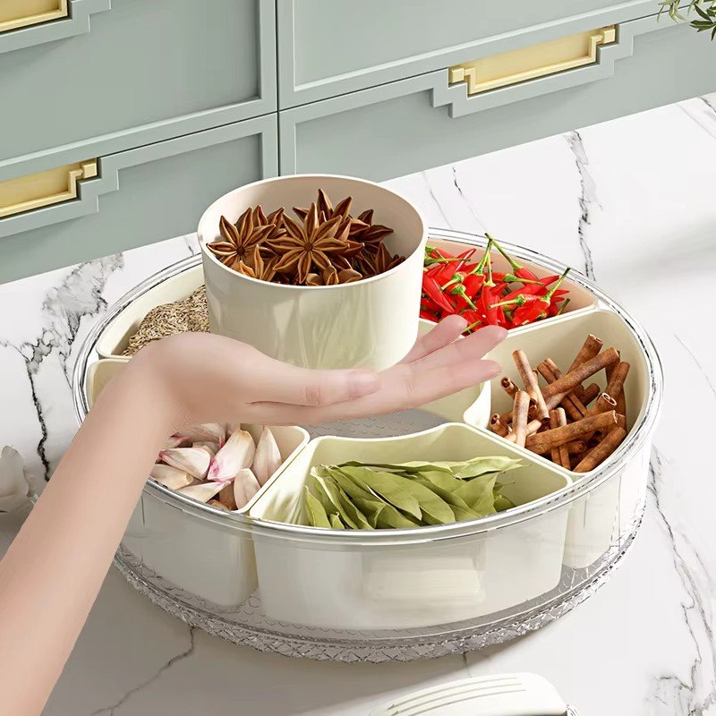 Kitchen sealed 360 Rotatable round spice storage box Food grade 6-panel clear seasoning box with handle refrigerator crisper