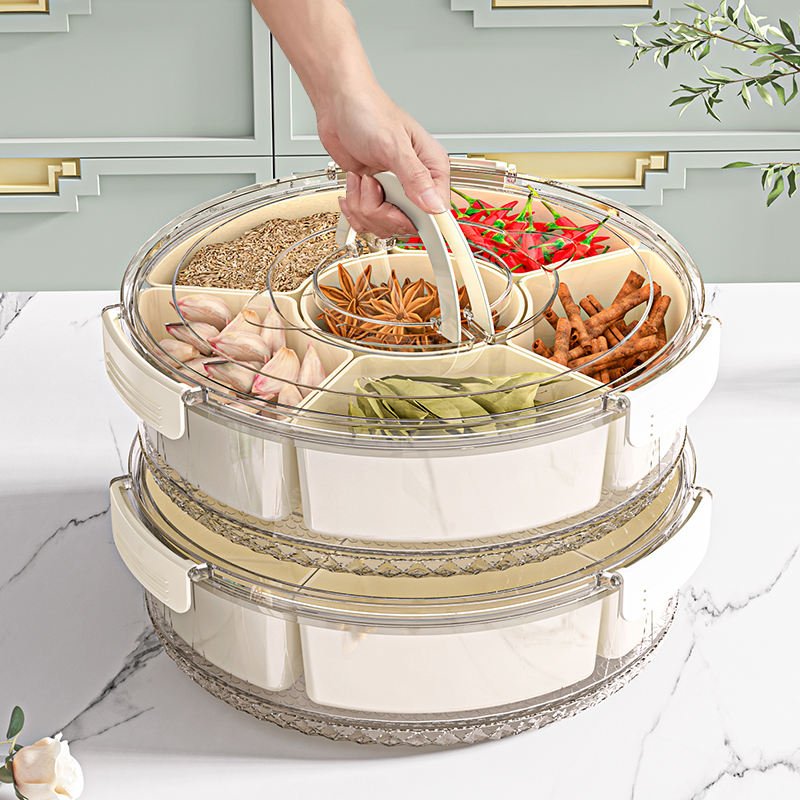 Kitchen sealed 360 Rotatable round spice storage box Food grade 6-panel clear seasoning box with handle refrigerator crisper