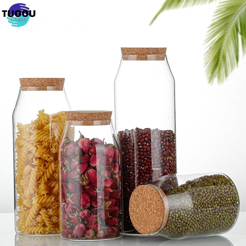 Wholesale High Borosilicate Airtight Jar With Cork Lid Kitchen Dried Fruit Food Grains Storage Glass Jars