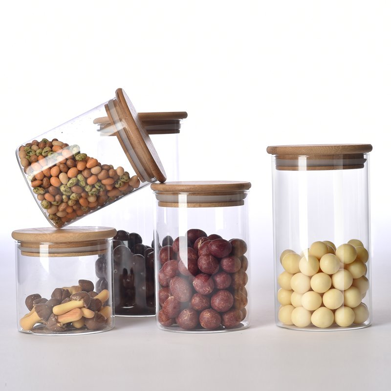 wholesale Eco-friendly high borosilicate food airtight kitchen glass bottle spice storage container with bamboo wooden lids