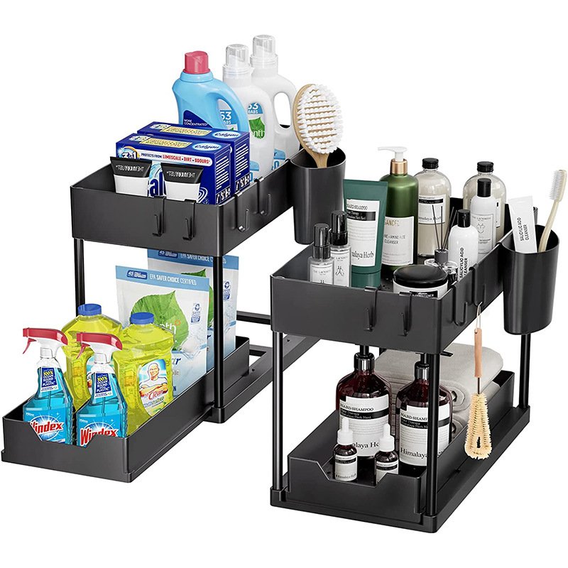 Kitchen double-layer pull-out shelving table top push-pull seasoning storage rack under kitchen sink organization rack