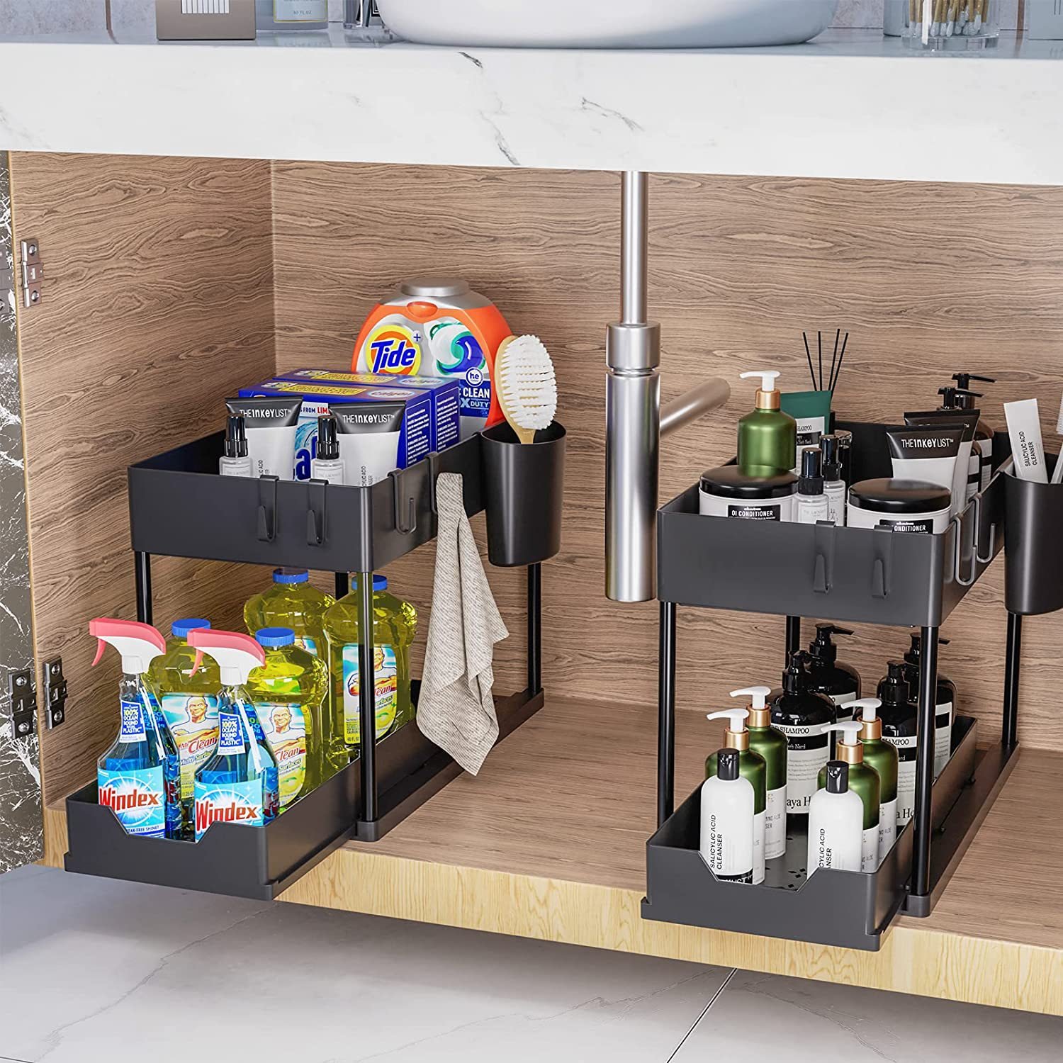 Kitchen double-layer pull-out shelving table top push-pull seasoning storage rack under kitchen sink organization rack