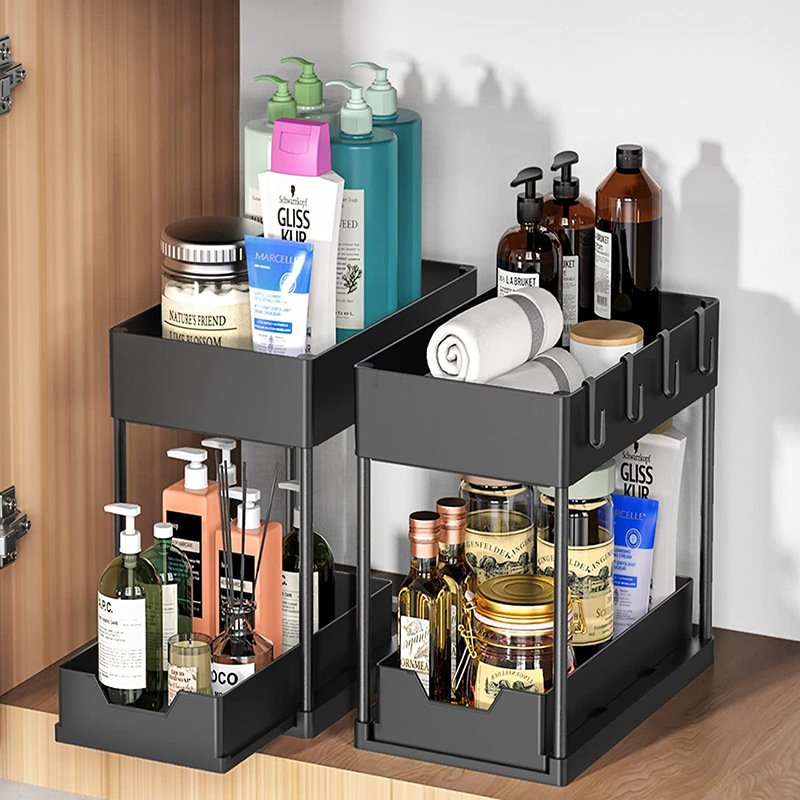 Kitchen double-layer pull-out shelving table top push-pull seasoning storage rack under kitchen sink organization rack