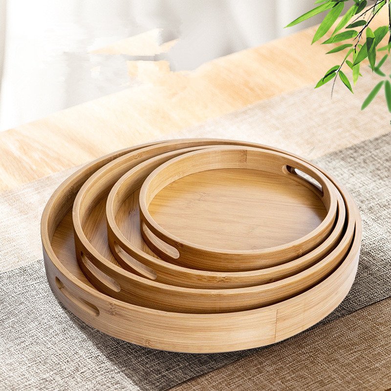large 10 12 Inch Coffee Table kitchen ottman Circle Decorative Tray round bamboo serving tray with Handles