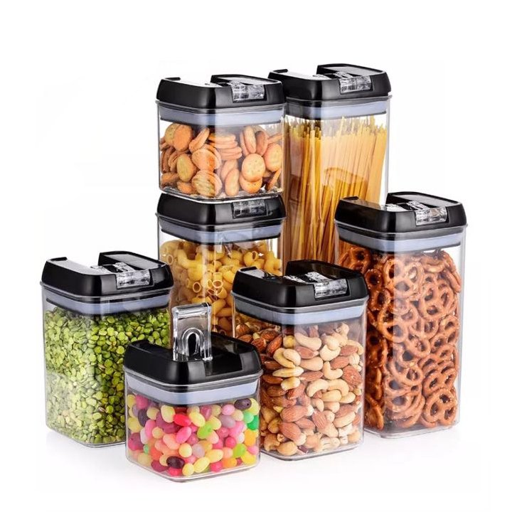Wholesale Black Color 5 pcs Set Easy Open Lock Lid Box Food Storage Containers Pot Plastic Cereal Grain Pasta Storage Jar