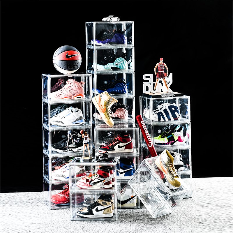DS242 Giant Magnetic Door Simple Assemble Custom Logo Shoe Storage Box Transparent Acrylic Plastic Shoe Display Organizer Box