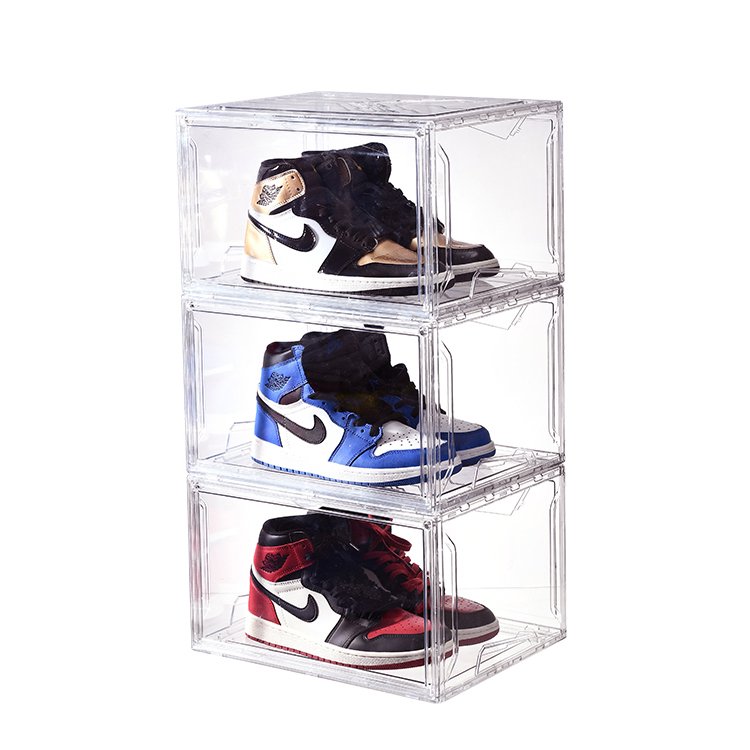 DS242 Giant Magnetic Door Simple Assemble Custom Logo Shoe Storage Box Transparent Acrylic Plastic Shoe Display Organizer Box
