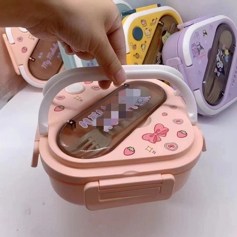 Ruunjoy Kawaii anime Kulomi Melody Lunch Box Spoon Fork Set Children Fruit Snack Box Plastic Crisper Sealed Insulation Flatware