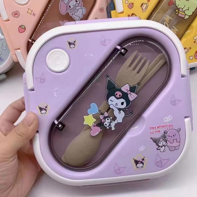 Ruunjoy Kawaii anime Kulomi Melody Lunch Box Spoon Fork Set Children Fruit Snack Box Plastic Crisper Sealed Insulation Flatware