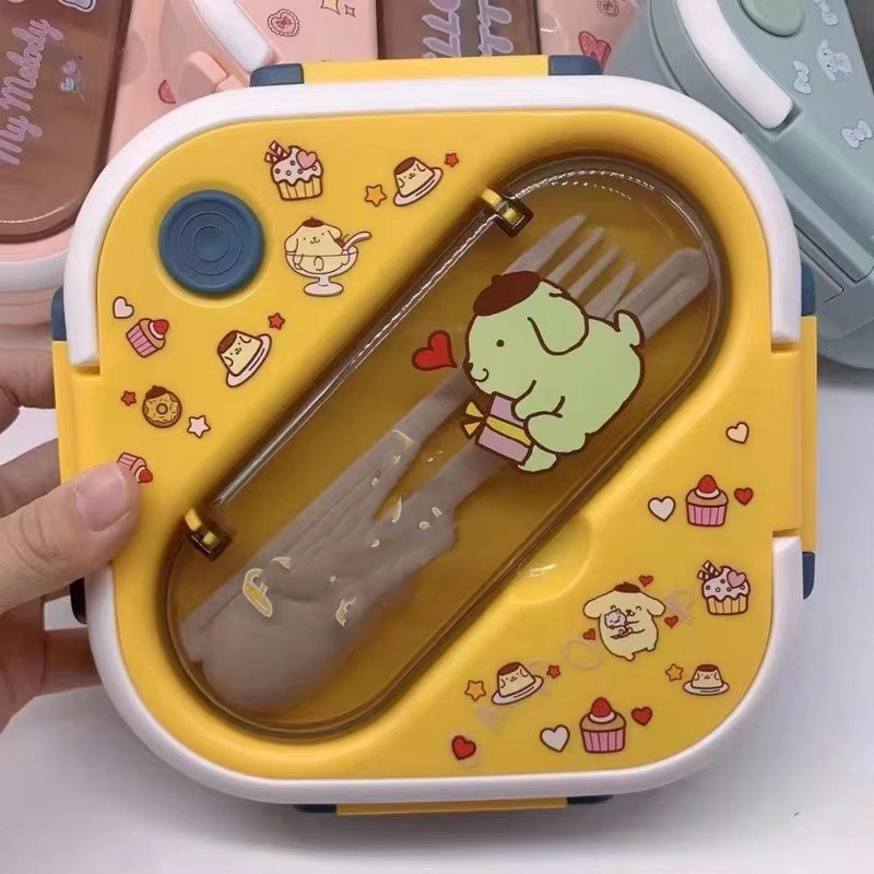 Ruunjoy Kawaii anime Kulomi Melody Lunch Box Spoon Fork Set Children Fruit Snack Box Plastic Crisper Sealed Insulation Flatware