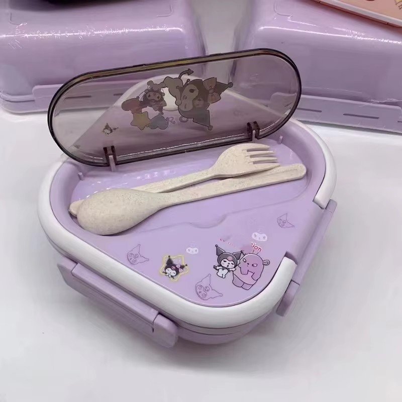 Ruunjoy Kawaii anime Kulomi Melody Lunch Box Spoon Fork Set Children Fruit Snack Box Plastic Crisper Sealed Insulation Flatware