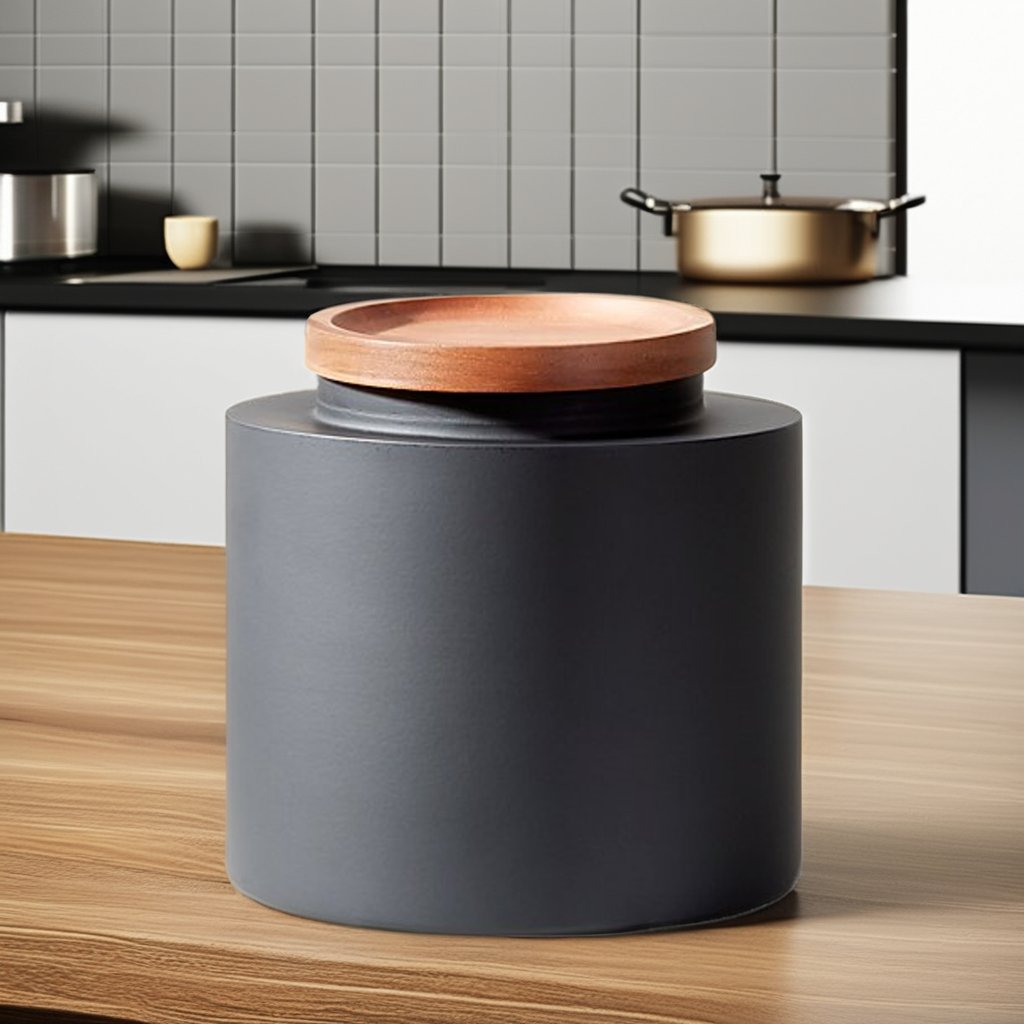 Eco-friendly nordic style matte black glaze household used tea coffee sugar kitchen canisters with wood lid