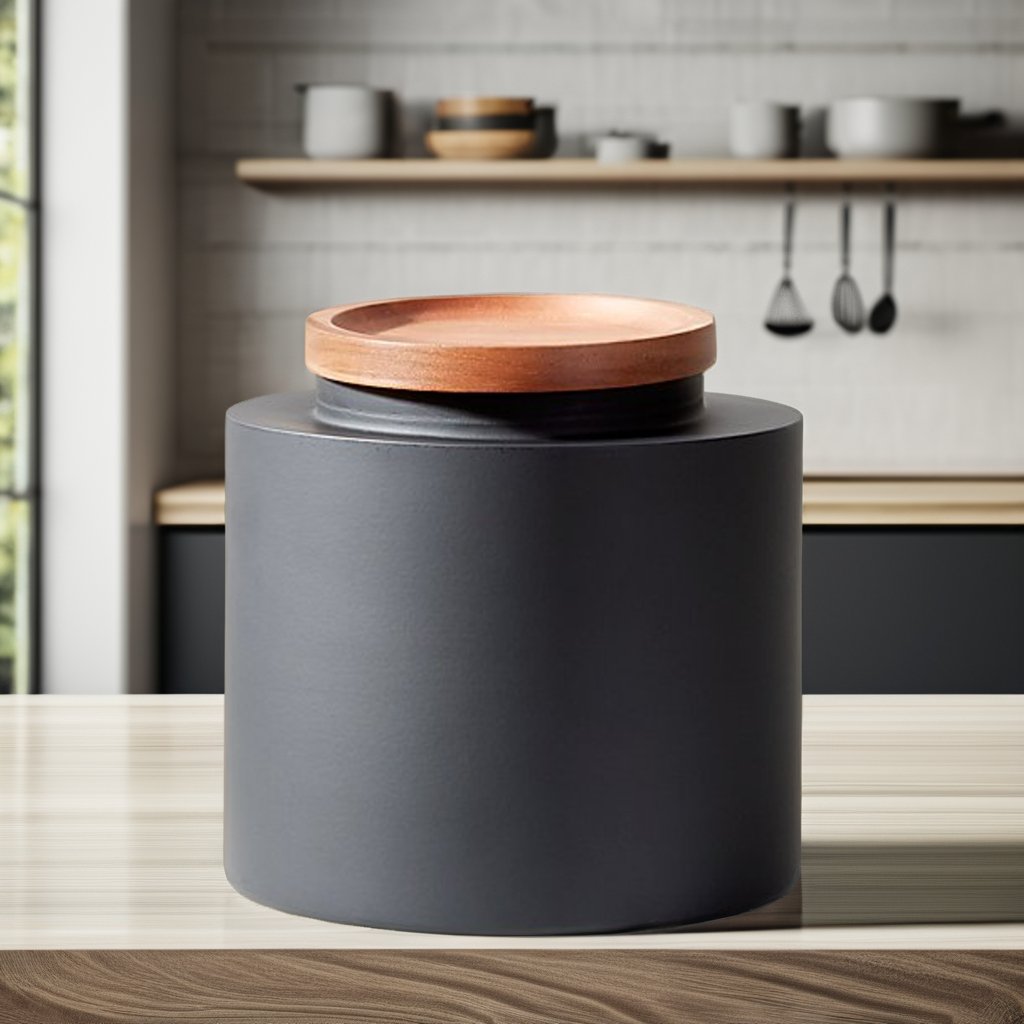 Eco-friendly nordic style matte black glaze household used tea coffee sugar kitchen canisters with wood lid