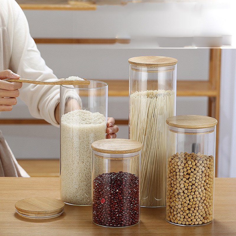 Wholesales Mini High Quality Clear Glass Spice Storage Jar With Bamboo Cork Lid