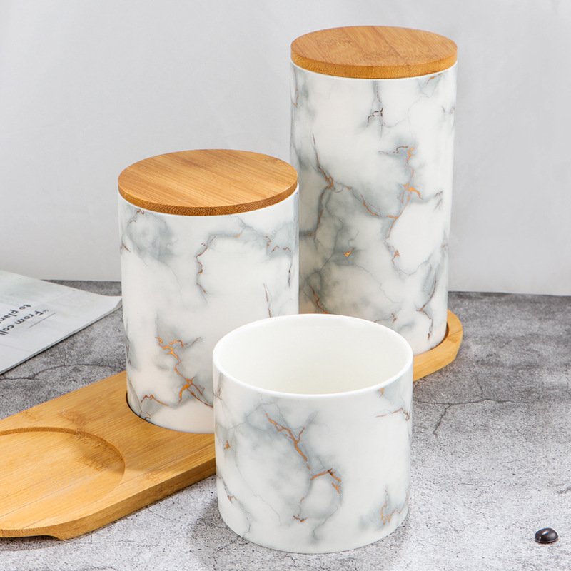 Wholesale Golden Decal Ceramic Food Storage Container Cylinder Storage Jar Porcelain Storage Containers With Wood Lid