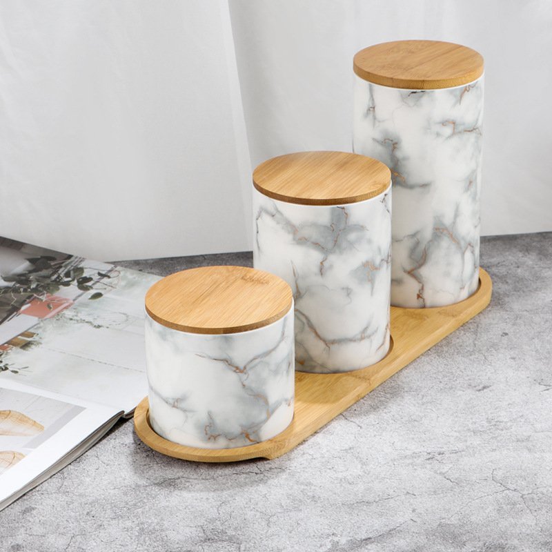 Wholesale Golden Decal Ceramic Food Storage Container Cylinder Storage Jar Porcelain Storage Containers With Wood Lid