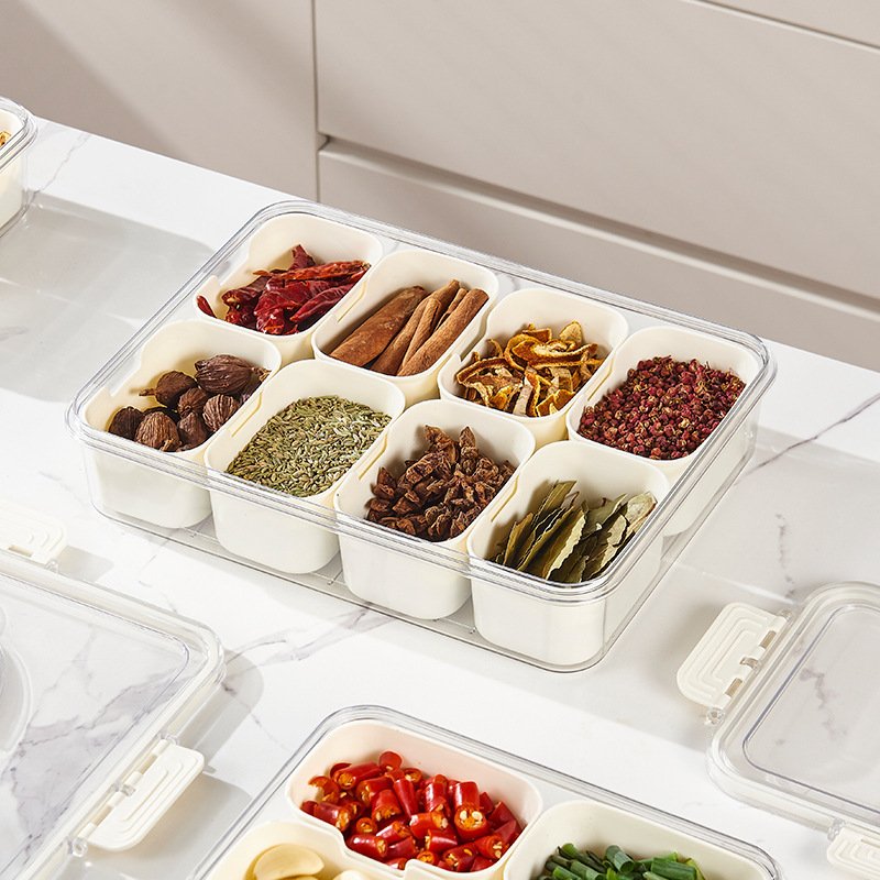 Hot saling white spice storage box eight-grids household seasoning crisper box for kitchen